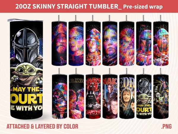 Bundle Star Wars Tumbler 20oz Skinny, May the 4th Be With You, Dark Vander,  Baby Yoda, Luke Skywalker, Leia Organa Png