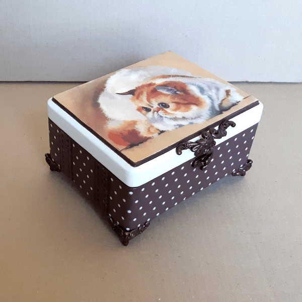 Wooden box with a painted cat . Brown jewelry box  12.jpg