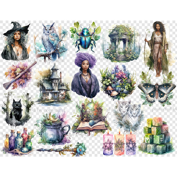 Watercolor forest african american fantasy witches - brunette, with brown hair, purple hair, blue owl, beetle, rotunda with greenery, black butterfly, mushrooms