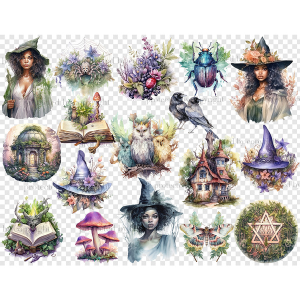 Watercolor forest african american fantasy witches in robes, magic spider on the web, zhek, black crows, books open with spells, griffins, witch hats, magic mus