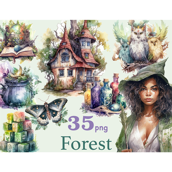 Watercolor forest african american fantasy witch brunette in green robe, magical witch house, 3 griffins - turquoise, gray and yellow, open spell book, vat for