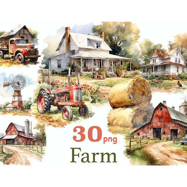 Watercolor scenes of rural farmhouses on a summer sunny day, red retro pickup truck and tractor, haystacks, village roads, windmill in red and white, red hangar