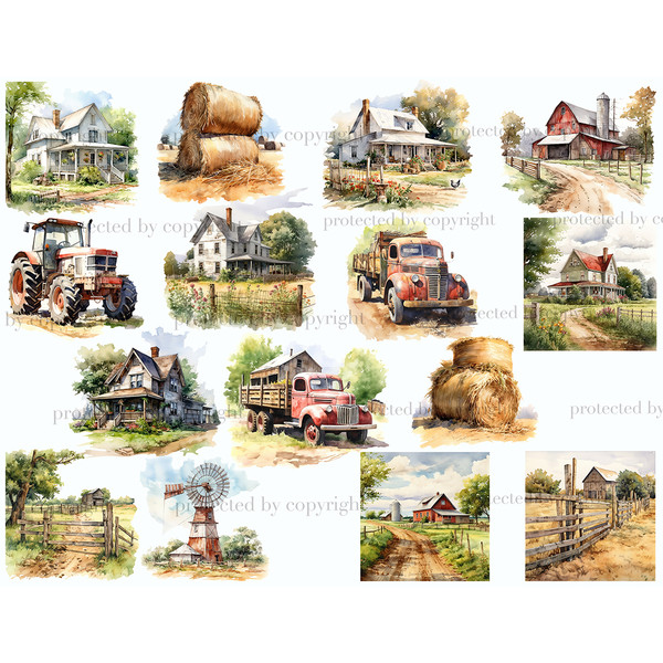 Watercolor country farm houses and landscapes on a summer sunny day, red retro pickup trucks and tractor, haystacks, village roads and wooden fences, windmill i