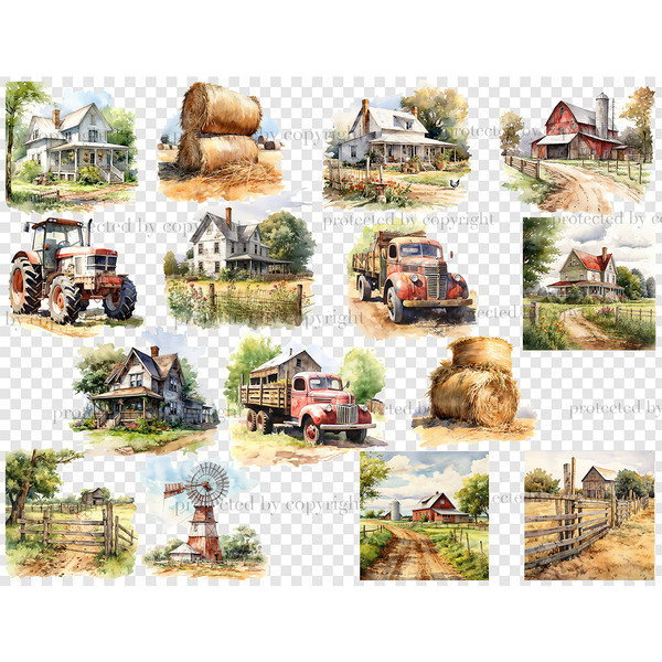 Watercolor country farm houses and landscapes on a summer sunny day, red retro pickup trucks and tractor, haystacks, village roads and wooden fences, windmill i