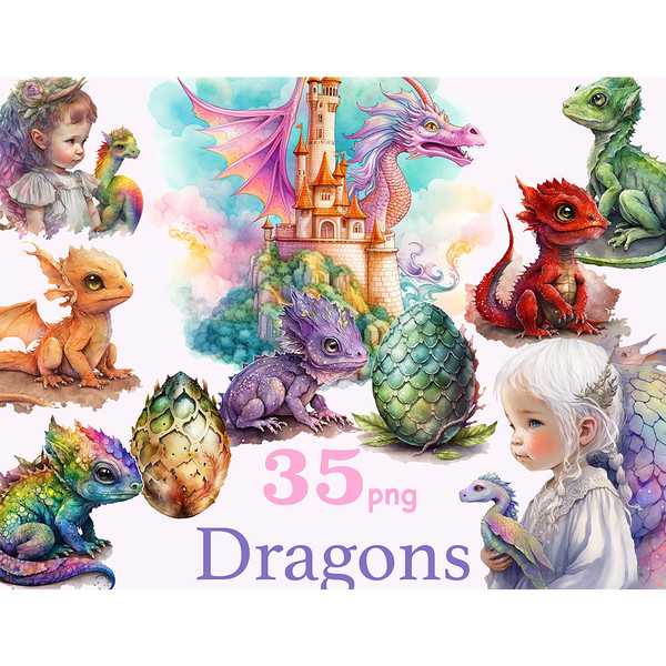 Pastel watercolor illustrations of cute multicolored mythical fantasy magic Baby Dragons, scaly dragon eggs and little girls on a castle in the air background.