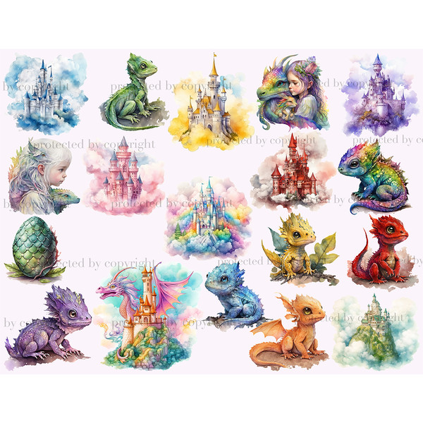 Pastel watercolor illustrations of cute multicolored mythical fantasy magical Baby Dragons, green scaly dragon egg and little girls, castles in the air. Green,
