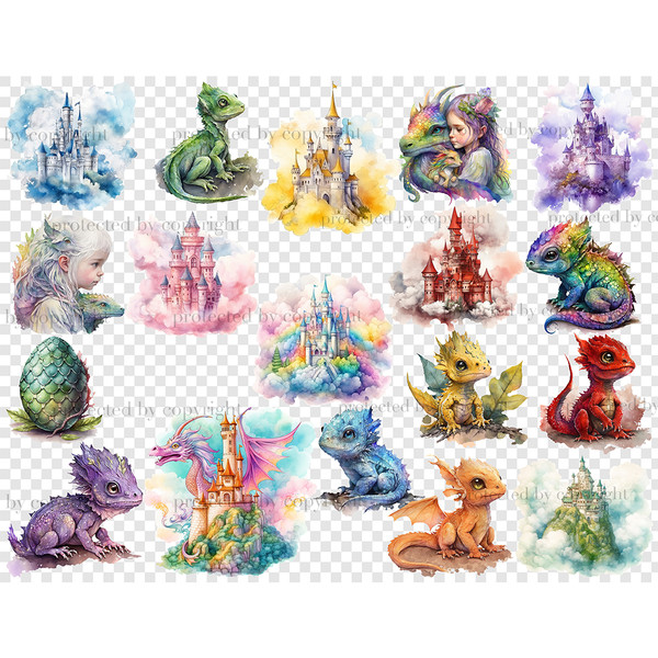 Pastel watercolor illustrations of cute multicolored mythical fantasy magical Baby Dragons, green scaly dragon egg and little girls, castles in the air. Green,