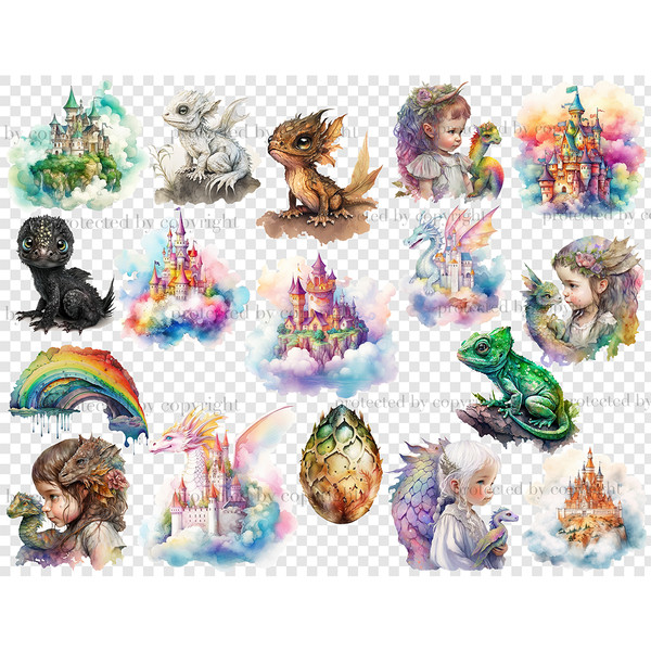 Pastel watercolor illustrations of cute multicolored mythical fantasy magical Baby Dragons, yellow green scaly dragon egg and little girls, castles in the air.