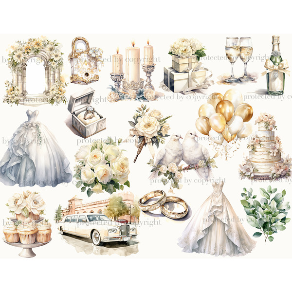 Watercolor ivory illustrations and cliparts of wedding candles, champagne bottles and champagne glasses, wedding arch, wedding cake, wedding ring in a box, wedd