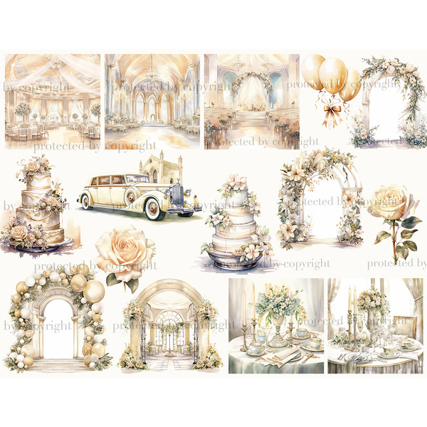 Watercolor ivory illustrations and clip arts of wedding scenes with ceremonial halls, wedding arches, wedding retro limousine, wedding tables with dishes and ca