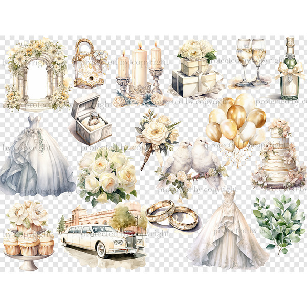 Watercolor ivory illustrations and cliparts of wedding candles, champagne bottles and champagne glasses, wedding arch, wedding cake, wedding ring in a box, wedd