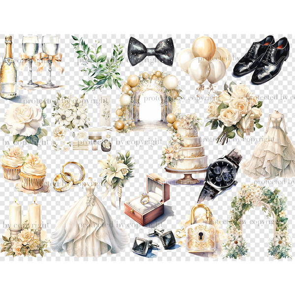 Watercolor ivory illustrations and cliparts of wedding candles, champagne bottles and champagne glasses, wedding arches, wedding cake, wedding dresses, black we