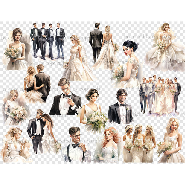 Watercolor illustrations and clip arts of white wedding couples, grooms with friends and brides with bridesmaids, wedding guests. Brides in white and ivory dres
