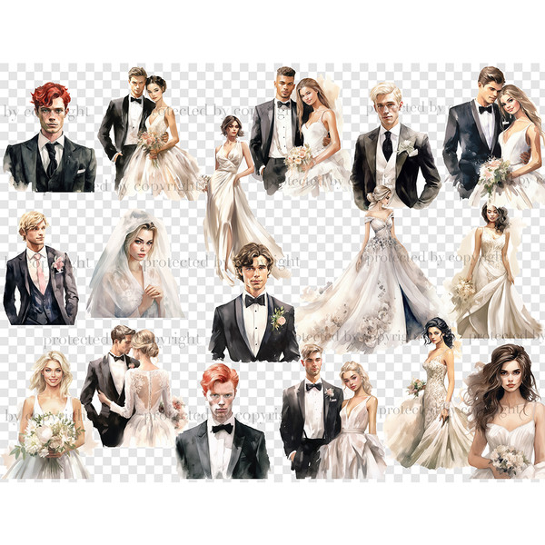 Watercolor illustrations and cliparts of white-skinned wedding couples. Brides and grooms have different hair colors - red, blond, brunette, brown. Grooms in bl
