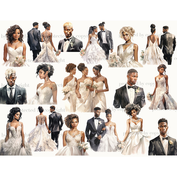 Watercolor illustrations and cliparts of African American wedding couples. Grooms and brides have different hair colors - blond, brunette, brown. Grooms in blac