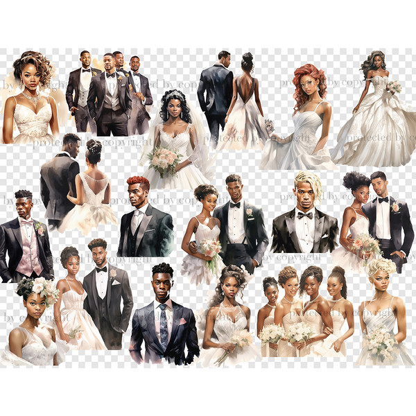 Watercolor illustrations and cliparts of African American wedding couples, grooms with friends and brides with bridesmaids, wedding guests. Brides in white and