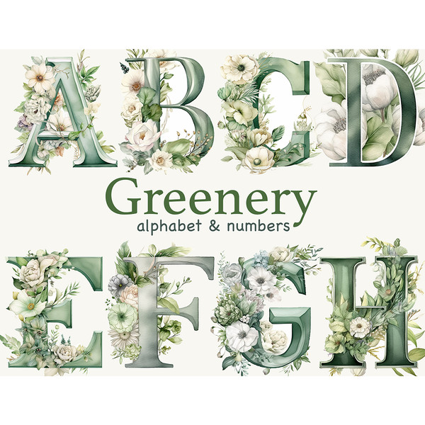 Watercolor Floral Greenery Alphabet Lettering Monograms with White Flowers and Green Foliage. Letters A, B, C, D, E, F, G, H