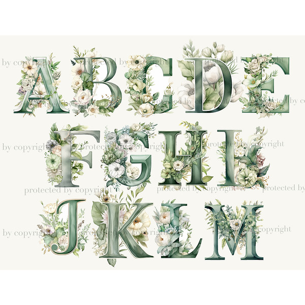 Watercolor Floral Greenery Alphabet Lettering Monograms with White Flowers and Green Foliage. Letters A, B, C, D, E, F, G, H, I, J, K, L, M
