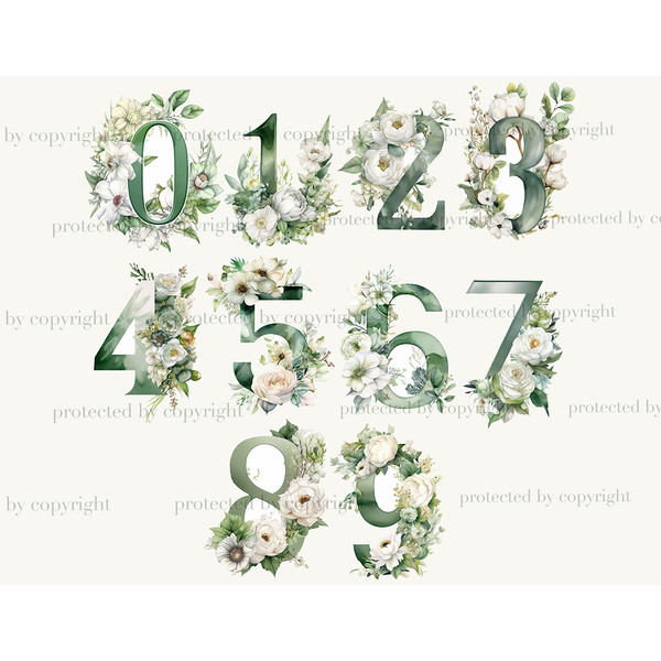 Watercolor Floral Greenery Numbers Lettering Monograms with White Flowers and Green Foliage. Numbers 0, 1, 2, 3, 4, 5, 6, 7, 8, 9