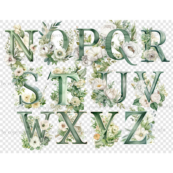 Watercolor Floral Greenery Alphabet Lettering Monograms with White Flowers and Green Foliage. Letters N, O, P, Q, R, S, T, U, V, W, X, Y, Z