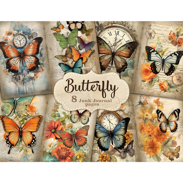 Watercolor digital pages for Junk Journal with vintage butterflies in black-orange, black-blue, black-red, green on flowers background. Butterflies on the backg