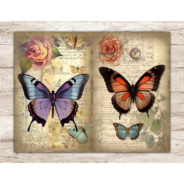 Watercolor digital pages for Junk Journal with vintage purple, orange, blue and cyan butterflies on flower background, vintage copybook paper. Butterflies on th