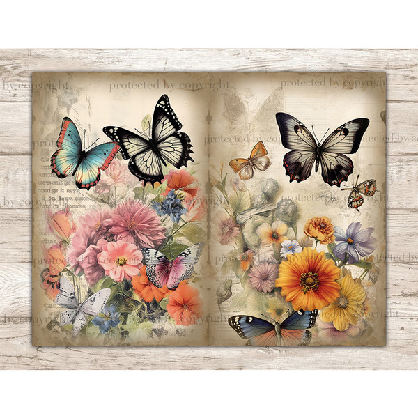Watercolor digital pages for Junk Journal with vintage blue, black, yellow, orange blue butterflies on summer flowers background, vintage lettering paper.