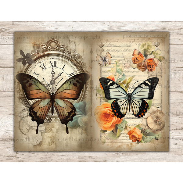 Watercolor digital pages for Junk Journal with vintage orange, green-orange and white butterflies on summer flowers background, vintage lettering paper. Butterf