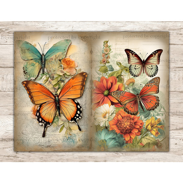Watercolor digital pages for Junk Journal with vintage blue, orange, red, black and white butterflies on summer flowers background, vintage lettering paper. But