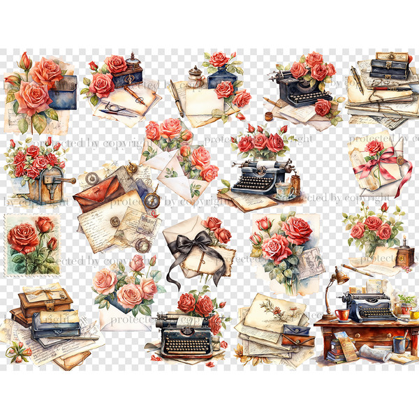 Decorated with red roses watercolor vintage retro letters, typewriters, desktop, mailbox, postage stamps, mail envelopes, handwritten letters, retro pens, white