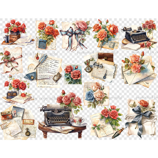 Decorated with red roses watercolor vintage retro letters, typewriters, postage stamps, mail envelopes, handwritten letters, letters with blue and red bows