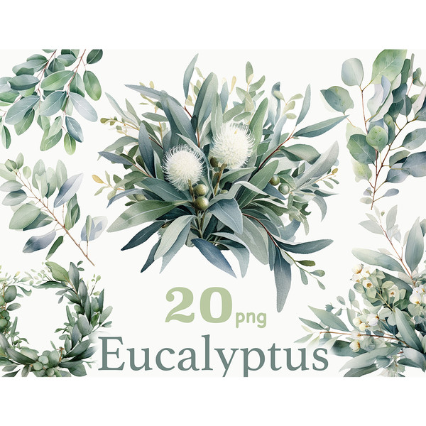 Watercolor eucalyptus branches with buds, eucalyptus leaves wreath, green foliage, foliage wreath, Green Leaves