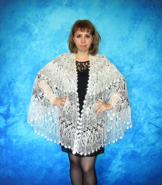 White crochet Russian shawl, Hand knit Orenburg shawl, Wool shoulder wrap, Goat down stole, Warm bridal cape, Openwork cover up, Kerchief, Gift for a woman 8.JP