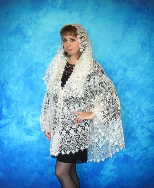 White crochet Russian shawl, Hand knit Orenburg shawl, Wool shoulder wrap, Goat down stole, Warm bridal cape, Openwork cover up, Kerchief, Gift for a woman 9.JP