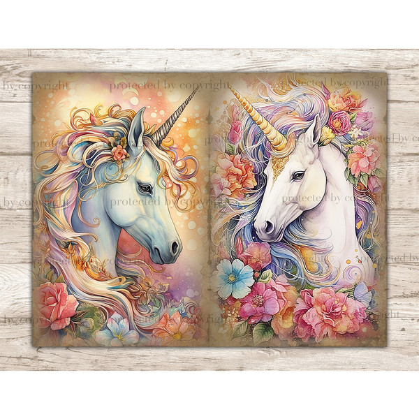 Junk Journal vintage pages with watercolor pastel magical Fairy Tale magical fantasy mythical unicorns with posh hair. On the left is the head of a unicorn with
