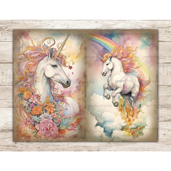 Junk Journal vintage pages with watercolor pastel magical Fairy Tale magical fantasy mythical unicorns with posh hair. On the left, a unicorn with a pink mane,