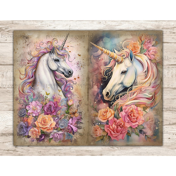 Junk Journal vintage pages with watercolor pastel magical Fairy Tale magical fantasy mythical unicorns with posh hair. Left unicorn with purple mane, right unic