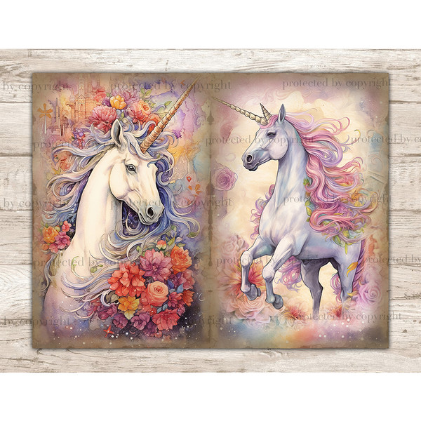 Junk Journal vintage pages with watercolor pastel magical Fairy Tale magical fantasy mythical unicorns with posh hair. On the left is a unicorn with a blue mane