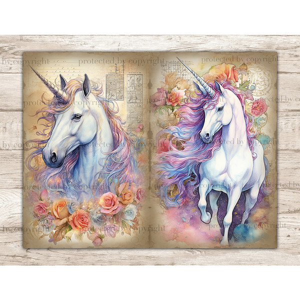 Junk Journal vintage pages with watercolor pastel magical Fairy Tale magical fantasy mythical unicorns with posh hair. White unicorns with blue hues with blue-p