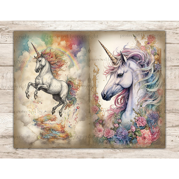 Junk Journal vintage pages with watercolor pastel magical Fairy Tale magical fantasy mythical unicorns with posh hair. On the left is a unicorn in a jump agains