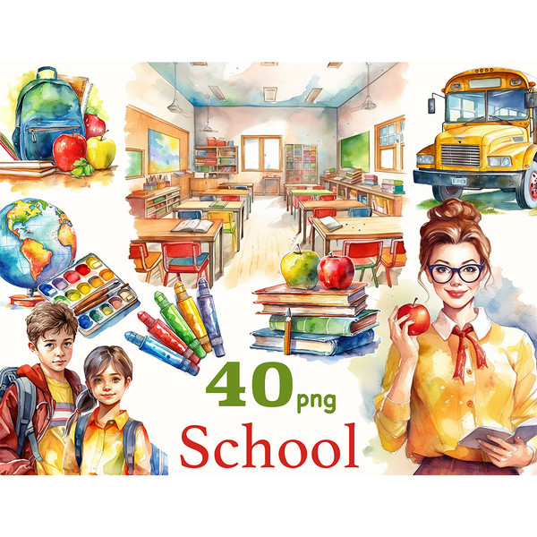 Bright watercolor illustrations of an elementary school class and bus, a teacher with an apple and a book in her hands, a boy and a girl schoolchildren with bri