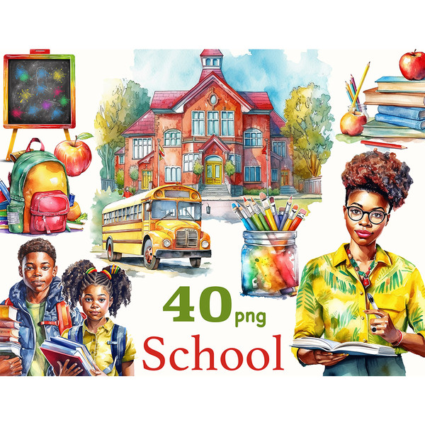 Bright watercolor illustrations of a school building and a bus, a school board, a stack of books with apples, a black teacher in glasses with a book, African Am
