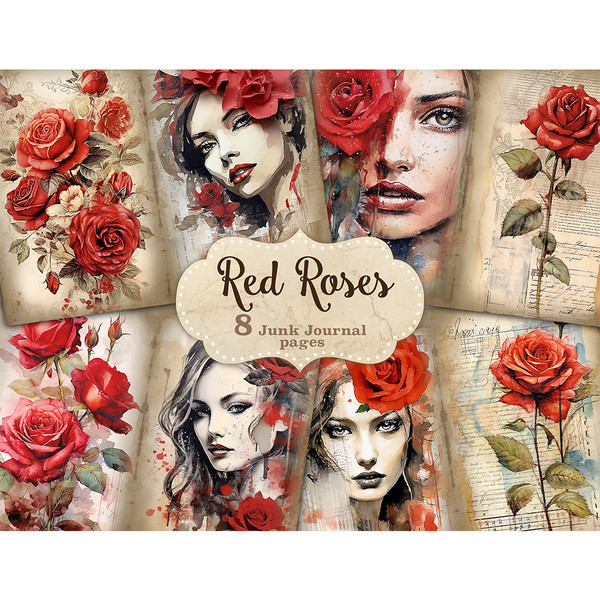 Red Roses Digital Paper, Floral Scrapbook, Rose Paper Pack
