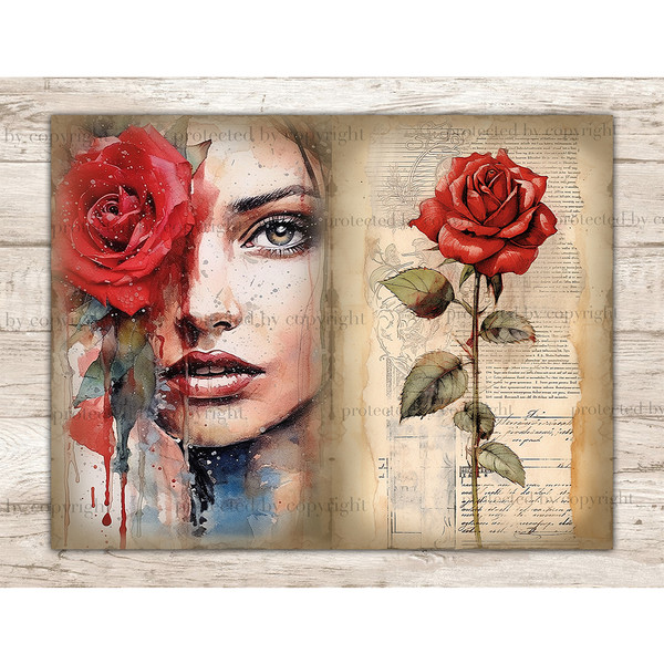 The face of a beautiful girl with a red rose on her eye and red lipstick on her lips Junk Journal Pages. Watercolor red rose with green leaves on sepia paper wi