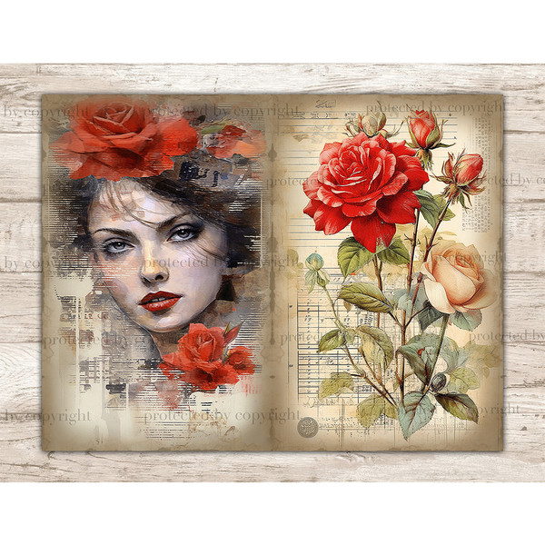 Beautiful brunette girl with red roses in her hair and red lipstick on her lips Junk Journal Pages. Watercolor red and white roses with green leaves on sepia pa