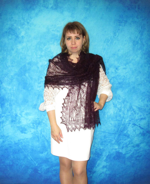 Hand knit embroidered dark wine-purple scarf, Warm Russian Orenburg shawl, Goat down cover up, Wool wrap, Bridal stole, Pashmina, Kerchief, gift for wife.JPG
