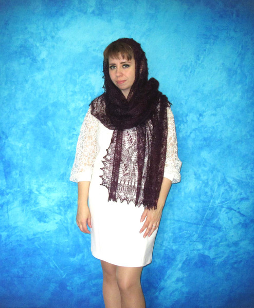 Hand knit embroidered dark wine-purple scarf, Warm Russian Orenburg shawl, Goat down cover up, Wool wrap, Bridal stole, Pashmina, Kerchief, gift for mum.JPG