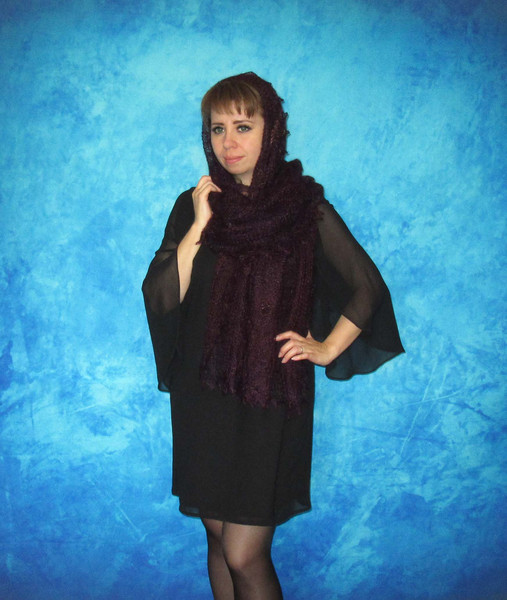 Hand knit embroidered dark wine-purple scarf, Warm Russian Orenburg shawl, Goat down cover up, Wool wrap, Bridal stole, Pashmina, Kerchief, gift for her 2.JPG