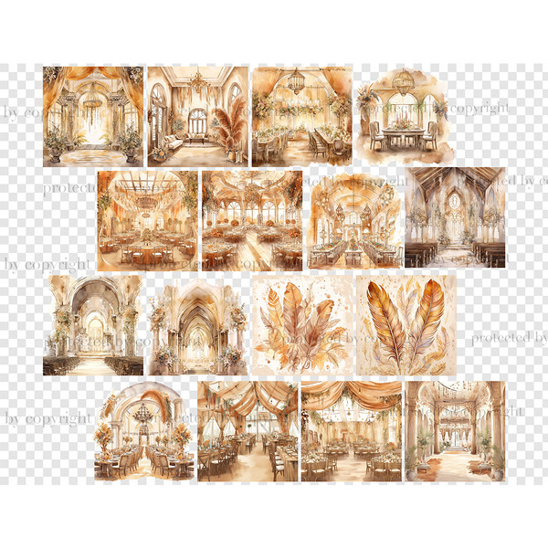 Watercolor boho wedding interiors of a restaurant, church, chapel with arches, decorated with flowers, feathers. Bohemian feathers. Bohemian wedding arch of flo