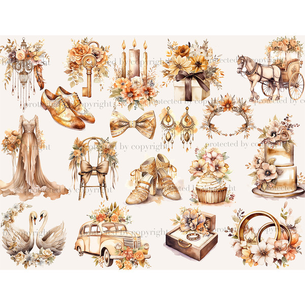 Watercolor floral bohemian boho wedding elements. Groom's shoes, gold key, bow tie, earrings, wedding carriage horse, long wedding dress, women's shoes, cupcake